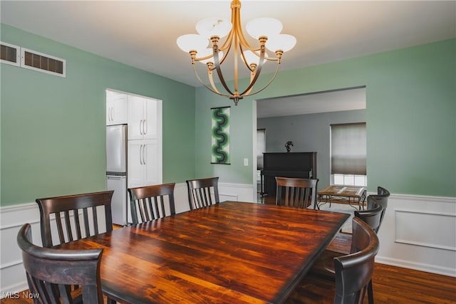 5500 12th Ave, Vienna, WV 26105 - dining room with a chandelier, a wainscoted wall, dark wood-style flooring, and a decorative wall
