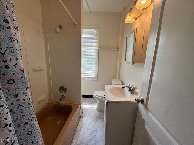 12423 Phillips Ave, Cleveland, OH 44108 - bathroom featuring toilet, marble finish floors, vanity, shower / bath combo, and baseboards