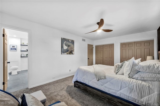 2162 Daniels Ave, Akron, OH 44312 - bedroom featuring multiple closets, ensuite bathroom, baseboards, ceiling fan, and carpet