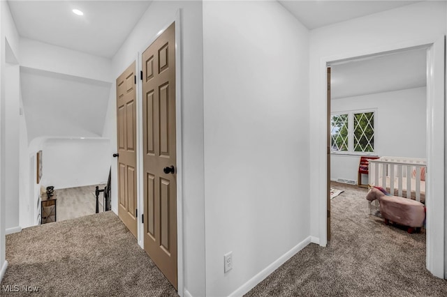 2162 Daniels Ave, Akron, OH 44312 - hall featuring carpet floors, baseboards, an upstairs landing, and recessed lighting