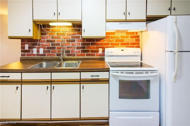 1335 Avalon Dr, Madison, OH 44057 - kitchen featuring white appliances, a sink, range hood, white cabinetry, and decorative backsplash