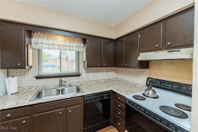 347 Beeler Dr, Berea, OH 44017 - kitchen featuring electric range, dishwasher, a sink, under cabinet range hood, and dark brown cabinetry