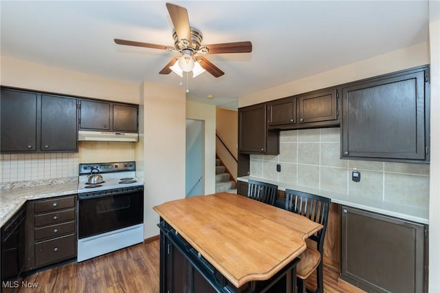 347 Beeler Dr, Berea, OH 44017 - kitchen featuring electric range oven, under cabinet range hood, tasteful backsplash, and ceiling fan
