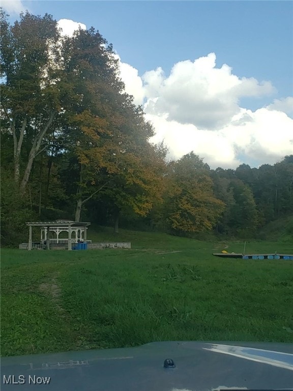 view of grassy yard featuring a forest view