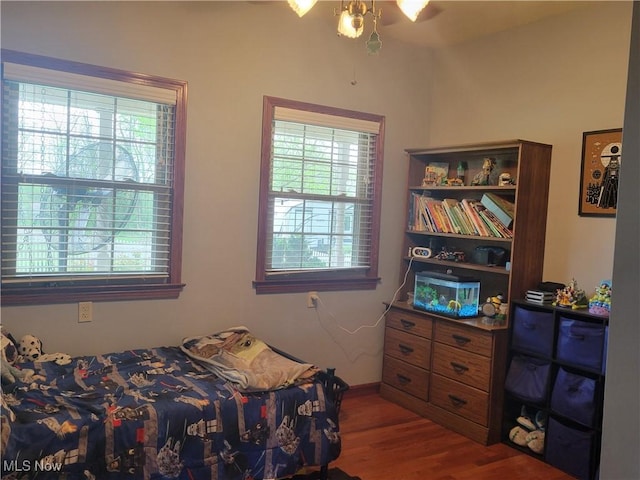 bedroom featuring multiple windows, wood finished floors, and baseboards