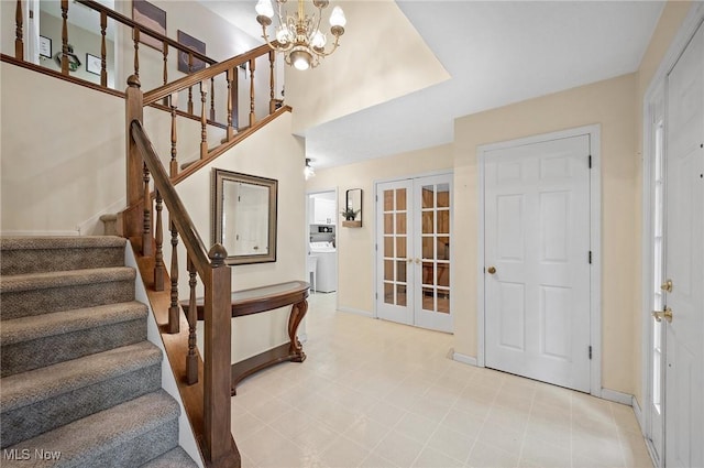 16538 S White Oaks Dr, Strongsville, OH 44136 - stairs with french doors, a chandelier, baseboards, and tile patterned floors