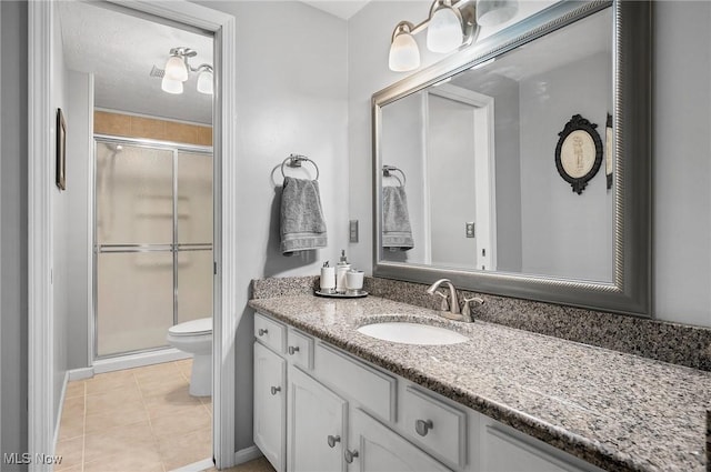 16538 S White Oaks Dr, Strongsville, OH 44136 - bathroom featuring a shower stall, vanity, toilet, tile patterned flooring, and baseboards