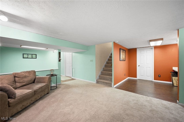16538 S White Oaks Dr, Strongsville, OH 44136 - living area featuring carpet, a textured ceiling, stairway, and baseboards