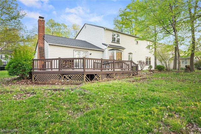 16538 S White Oaks Dr, Strongsville, OH 44136 - rear view of property featuring a wooden deck, a chimney, and a yard