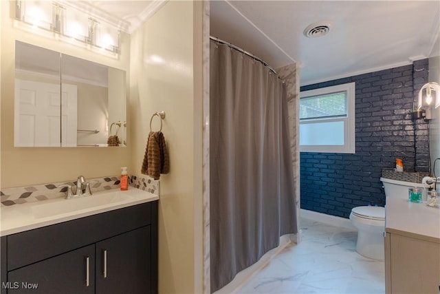 274 2nd St, Lake Milton, OH 44429 - full bathroom with vanity, crown molding, marble finish floors, toilet, and brick wall
