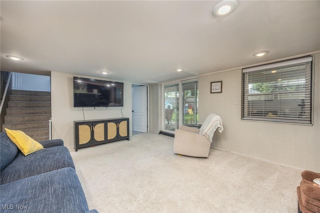 1106 W Virginia Ave, Parkersburg, WV 26104 - living area with stairs, carpet flooring, and recessed lighting