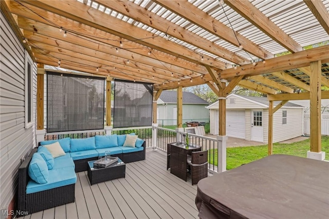 5610 Charles Ave, Parma, OH 44129 - deck with outdoor lounge area, a pergola, an outbuilding, a lawn, and a hot tub
