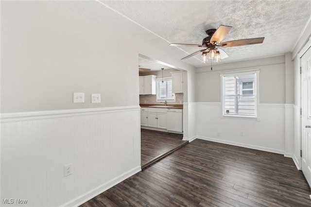 empty room featuring a wainscoted wall, a ceiling fan, dark wood-style flooring, a textured ceiling, and a sink