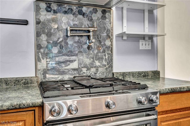 103 N Portage Path, Akron, OH 44303 - kitchen featuring stainless steel gas range oven, brown cabinets, dark countertops, and open shelves