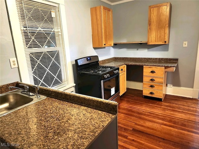 103 N Portage Path, Akron, OH 44303 - kitchen featuring range with gas cooktop, dark countertops, dark wood-style flooring, a sink, and open shelves
