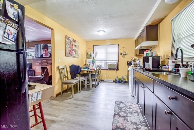kitchen with freestanding refrigerator, a sink, light wood-type flooring, a textured ceiling, and dark countertops