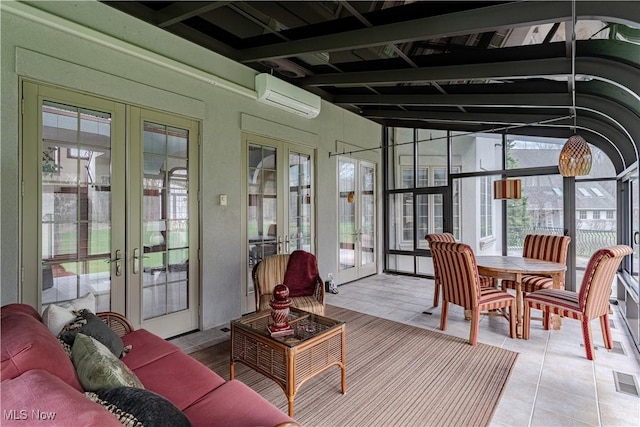 425 Woodside Ave, Jefferson, OH 44047 - sunroom / solarium featuring french doors, a wall unit AC, tile patterned flooring, and beam ceiling