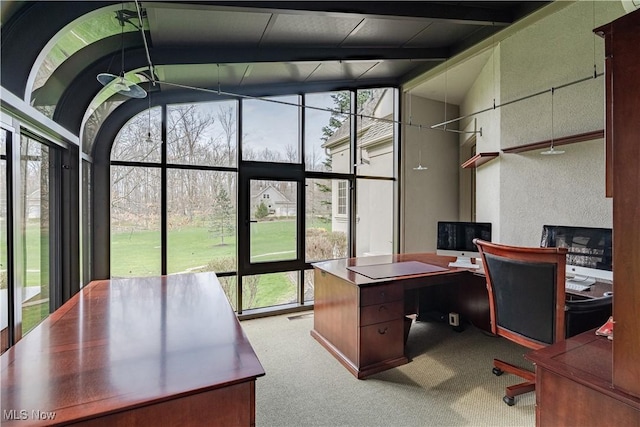 425 Woodside Ave, Jefferson, OH 44047 - office space with a wall of windows, carpet floors, plenty of natural light, beam ceiling, and a towering ceiling