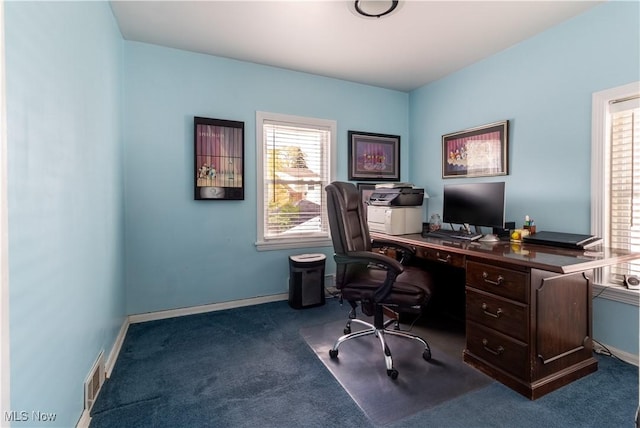 office space featuring carpet flooring, healthy amount of natural light, and baseboards