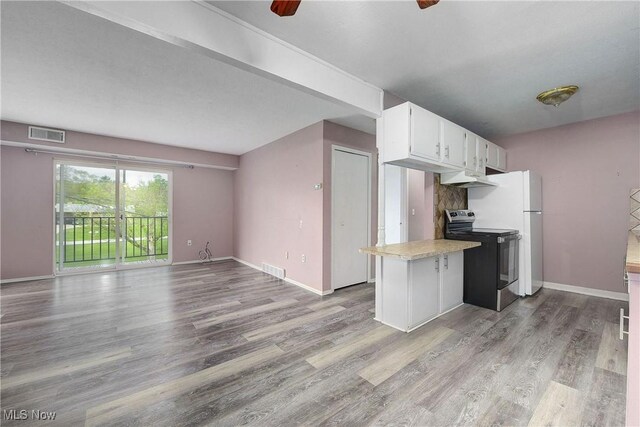 kitchen with range with electric stovetop, light wood-type flooring, light countertops, and white cabinets