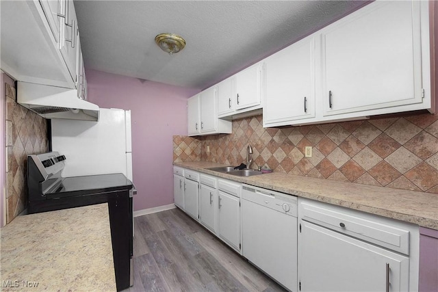 kitchen with a sink, white dishwasher, light countertops, white cabinetry, and wood finished floors