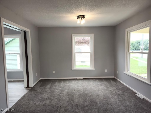 carpeted empty room with healthy amount of natural light, a textured ceiling, and baseboards