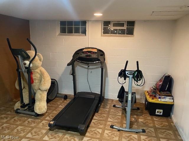 workout area with light floors and concrete block wall