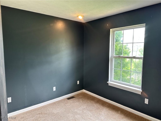 carpeted empty room with baseboards and a textured ceiling