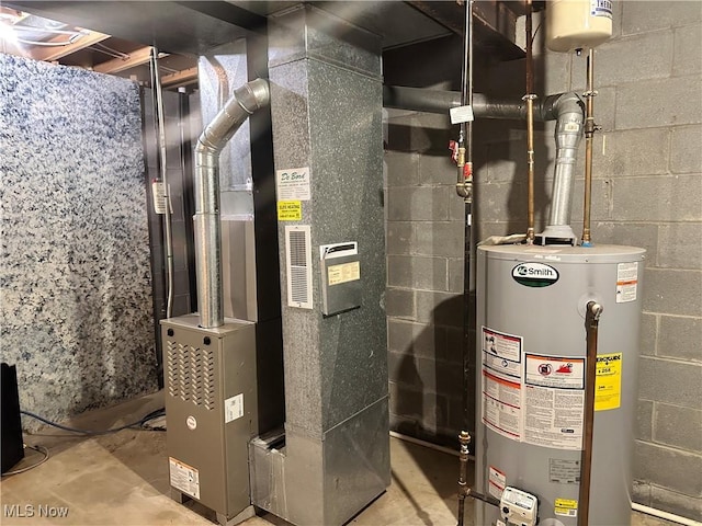 utility room with gas water heater and heating unit