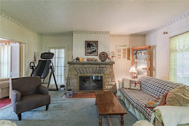 1056 Garman Rd, Akron, OH 44313 - living room with a textured ceiling, carpet flooring, a stone fireplace, and ornamental molding