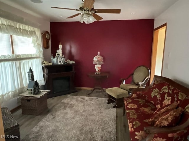 1245 Sageberry Dr, North Lima, OH 44452 - living area featuring ceiling fan, a fireplace, wood finished floors, and an accent wall