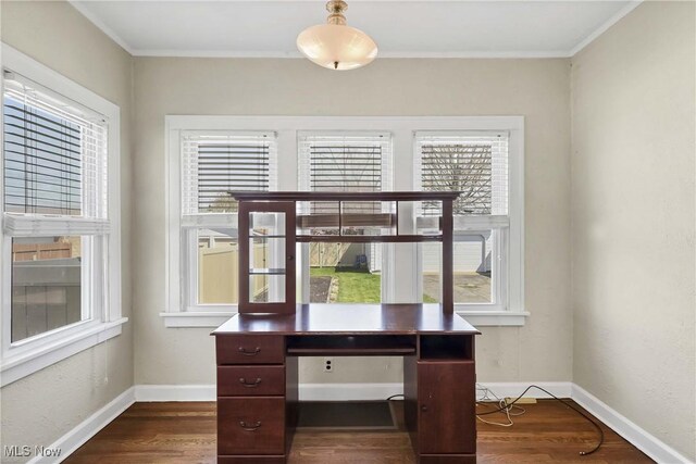 7700 Spring Garden Rd, Parma, OH 44129 - office area featuring crown molding, dark wood-style floors, plenty of natural light, and baseboards