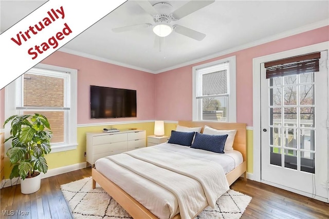 7700 Spring Garden Rd, Parma, OH 44129 - bedroom featuring wood-type flooring, ornamental molding, baseboards, and ceiling fan
