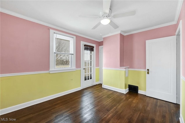 7700 Spring Garden Rd, Parma, OH 44129 - empty room featuring baseboards, wood-type flooring, ornamental molding, and a ceiling fan