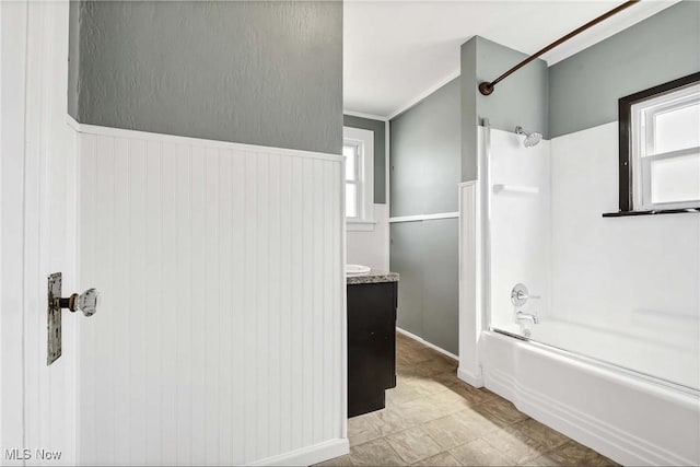 7700 Spring Garden Rd, Parma, OH 44129 - bathroom with shower / tub combination, a wainscoted wall, and vanity