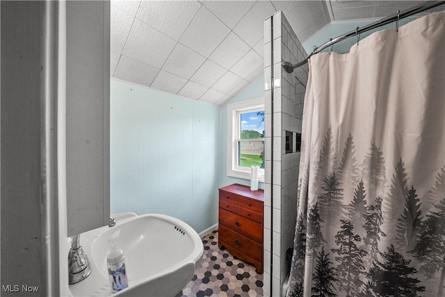 15561 Georgetown St NE, Minerva, OH 44657 - full bath with lofted ceiling and curtained shower