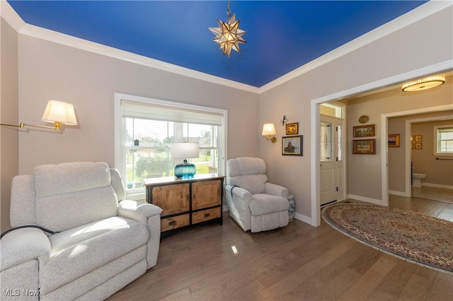 living area featuring wood finished floors, baseboards, and ornamental molding
