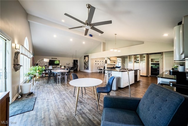 24660 Sittingbourne Ln, Beachwood, OH 44122 - living room featuring dark wood-style floors, ceiling fan, recessed lighting, and baseboards