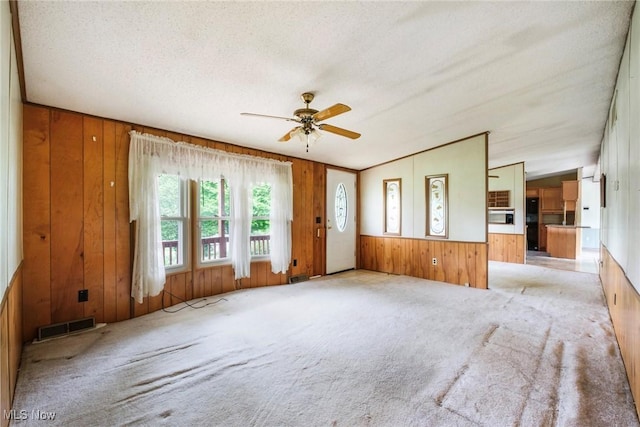 9493 State Route 9, Hanoverton, OH 44423 - unfurnished living room with wood walls, carpet flooring, ceiling fan, and a textured ceiling