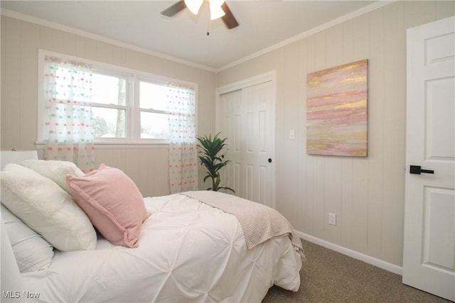 1674 Yolanda Dr, Austintown, OH 44511 - bedroom with ornamental molding, carpet, baseboards, a closet, and ceiling fan