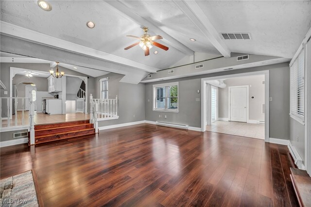 unfurnished living room featuring a ceiling fan, stairway, hardwood / wood-style floors, a baseboard radiator, and a chandelier