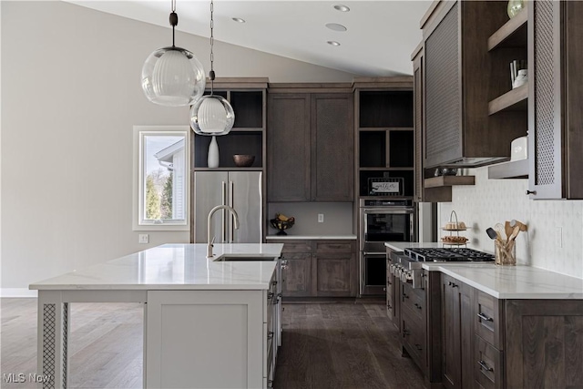 kitchen featuring open shelves, a sink, stainless steel appliances, vaulted ceiling, and dark wood-style floors