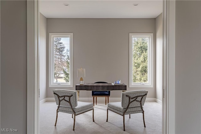 carpeted home office featuring baseboards