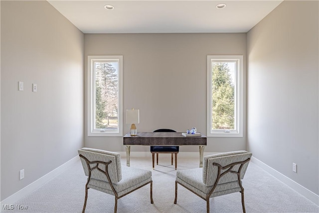 office area with plenty of natural light, carpet floors, baseboards, and recessed lighting