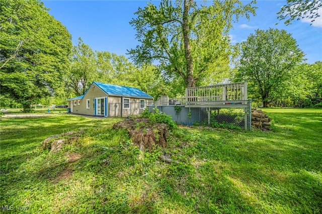6329 Green Rd, North Kingsville, OH 44004 - view of green lawn featuring a wooden deck and view of scattered trees