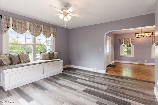 315 W Main St, Canfield, OH 44406 - spare room featuring wood finished floors, arched walkways, ceiling fan, and baseboards