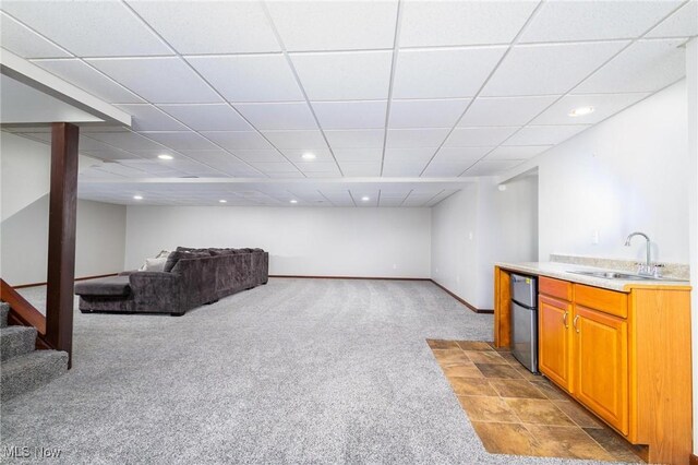 99 Township Road 262, Bloomingdale, OH 43910 - living room featuring light carpet, stairway, recessed lighting, baseboards, and a drop ceiling