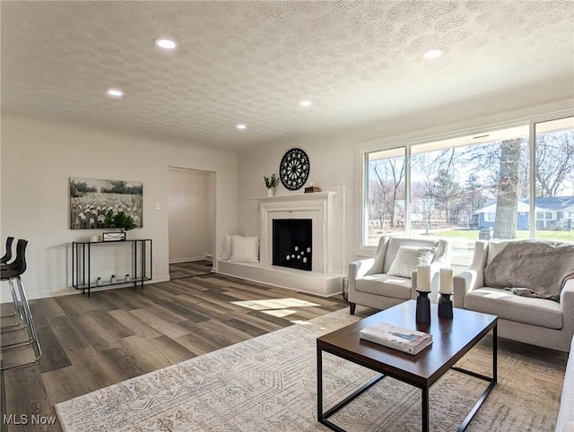 868 Eastview Ave, Wadsworth, OH 44281 - living area with a textured ceiling, wood finished floors, recessed lighting, a fireplace with raised hearth, and baseboards