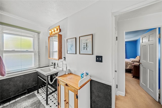 office featuring light colored carpet, a sink, a textured ceiling, and baseboards