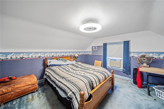 bedroom featuring carpet, lofted ceiling, cooling unit, and baseboards